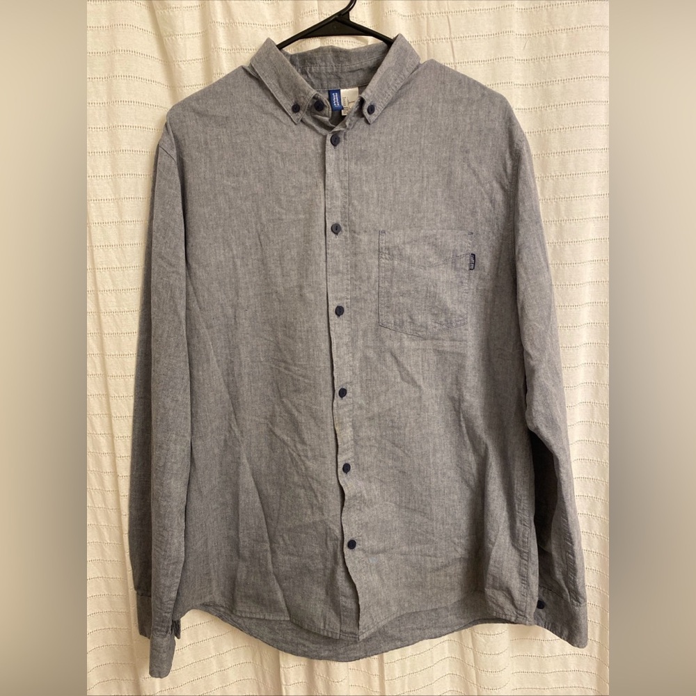 Divided Men’s Large Gray Button Up Long Sleeve Pocket School Collared